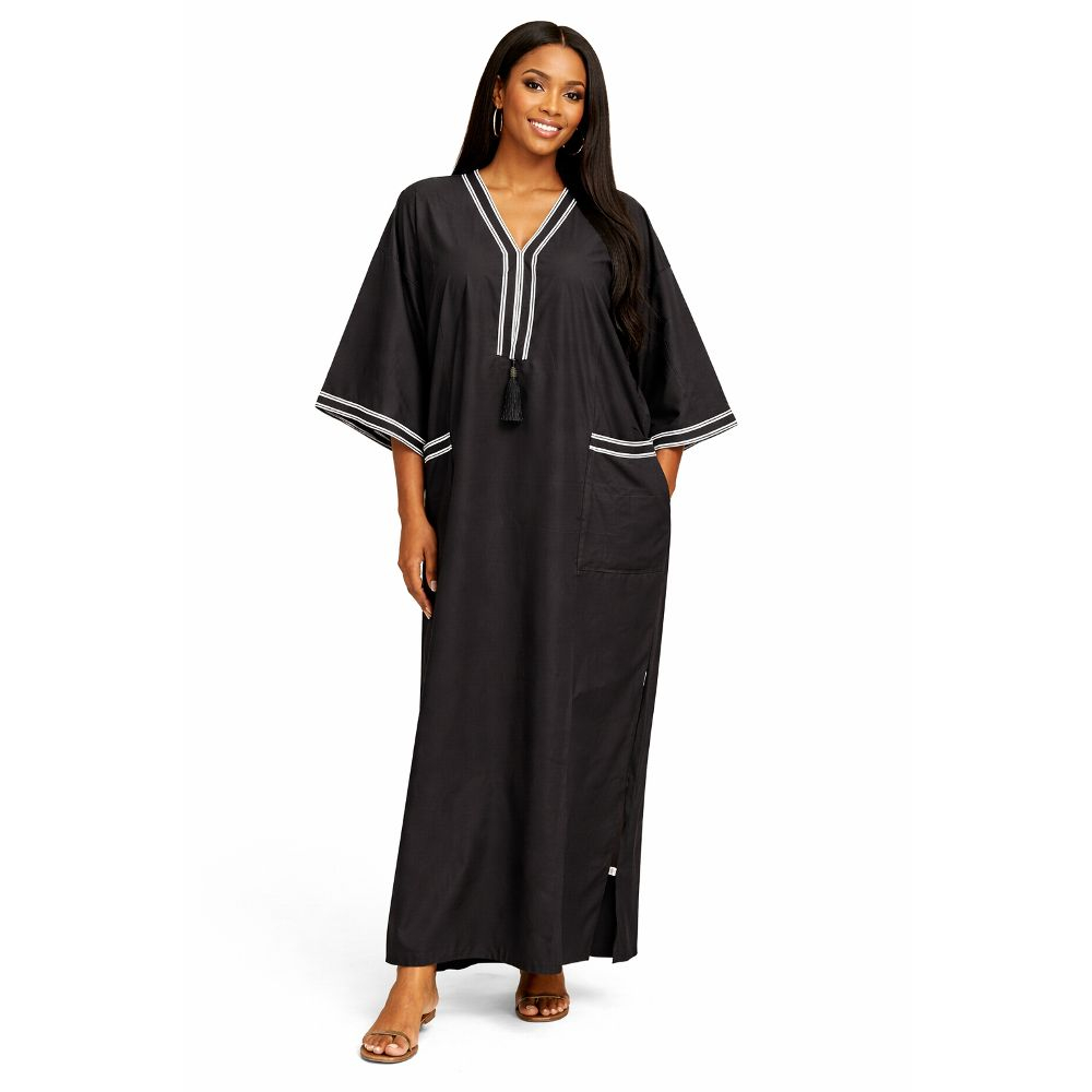 Black Contrast Trim Maxi Kaftan with Tassel